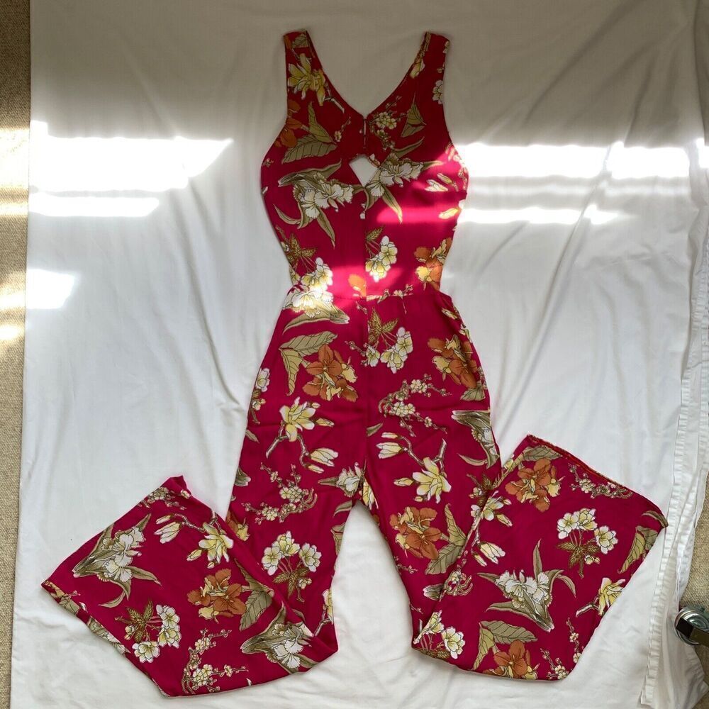 Reformation Wide Leg Floral Jumpsuit Pink XS 0 2 Sleeveless V Neck